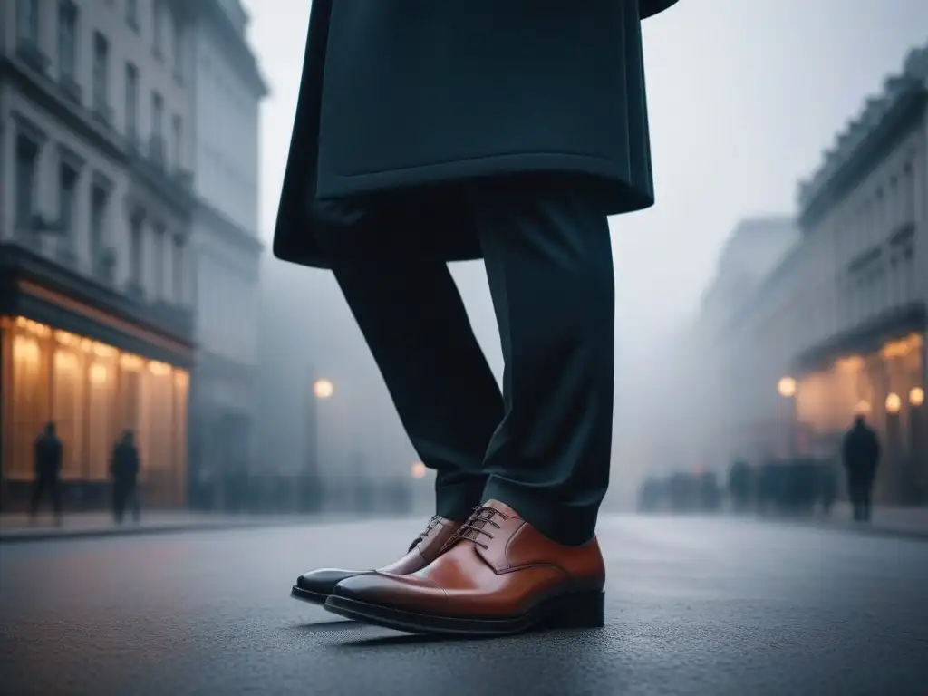 Zapatos de moda para personas altas: ¡Paso seguro y elegante en la ciudad! Un elegante individuo alto camina confiado por la ciudad luciendo zapatos tallas especiales, fusionando moda y empoderamiento