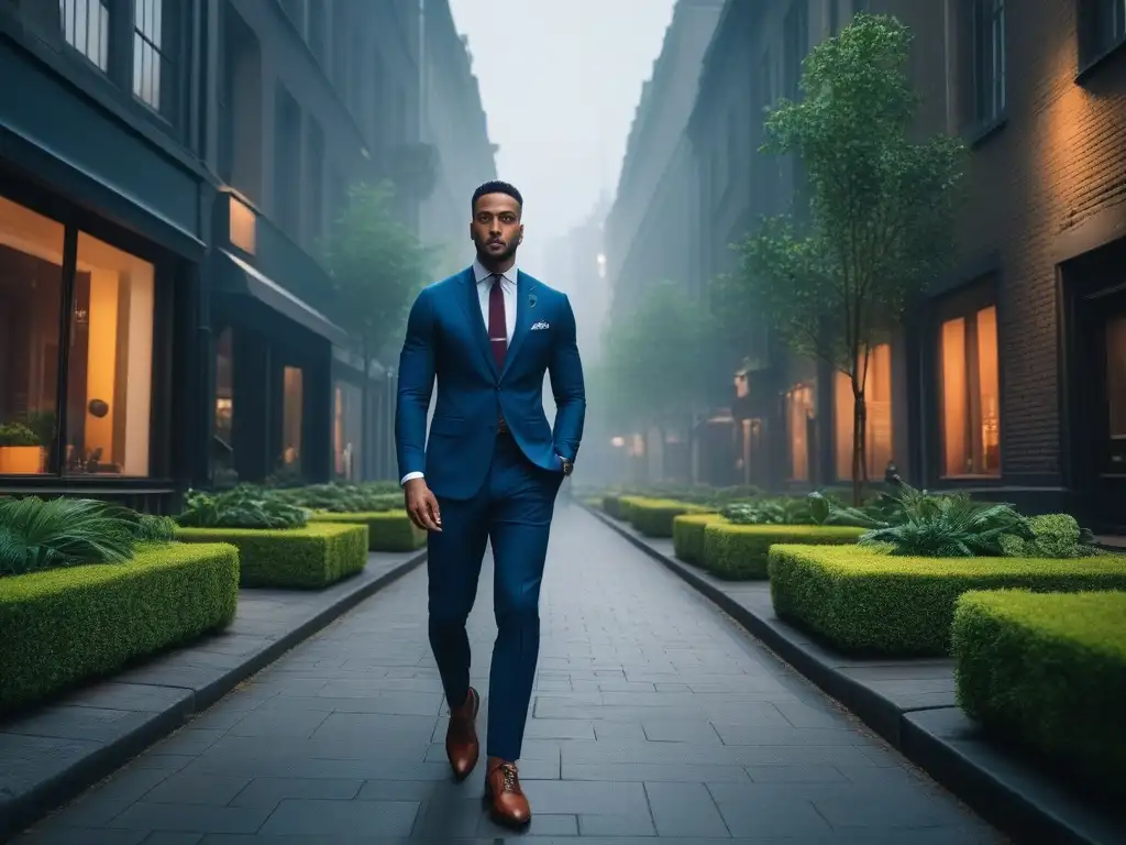 Estilo urbano: elegancia y confianza en la ciudad Un elegante individuo alto camina con confianza por la ciudad, vistiendo un traje a medida con un toque de color vibrante en el pañuelo de bolsillo, mostrando sofisticación y seguridad