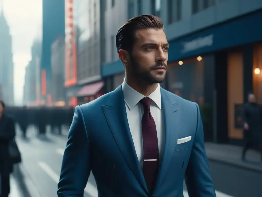 Elegante y seguro: hombre alto en traje de diseñador camina por la ciudad Un elegante individuo alto camina con confianza por una concurrida calle de la ciudad, luciendo un traje a medida que resalta su altura