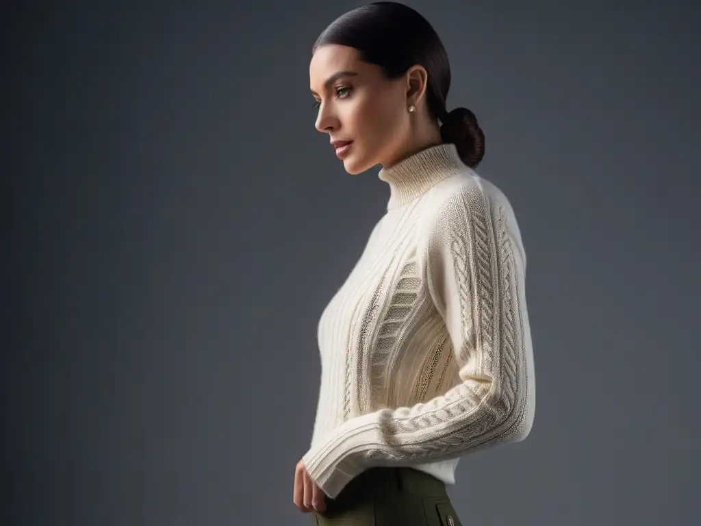 Estiloso suéter de punto para altos: elegancia en detalle Un elegante individuo alto luce con confianza un suéter de punto en un entorno moderno y minimalista