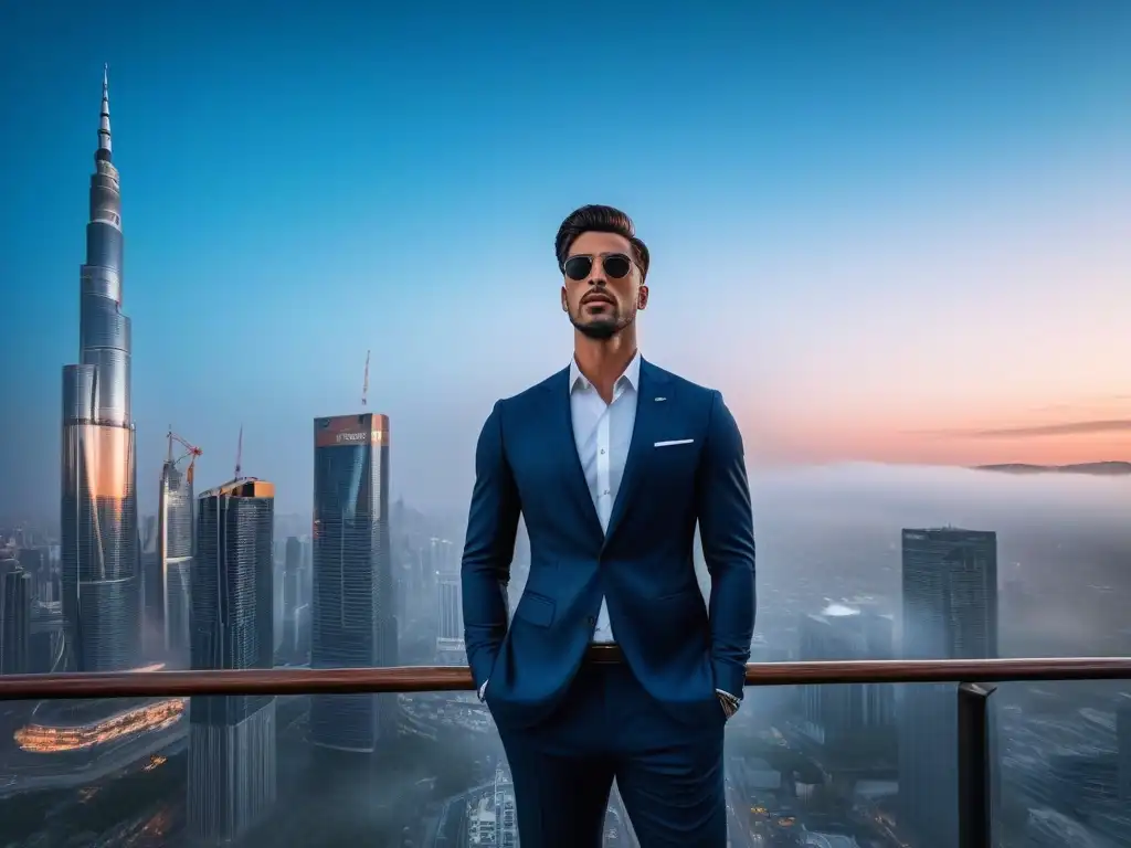 Estilo y elegancia en la gran ciudad: traje a medida para personas altas Un elegante individuo alto destaca con estilo en un traje formal, frente a un horizonte urbano al anochecer, simbolizando elegancia y sofisticación