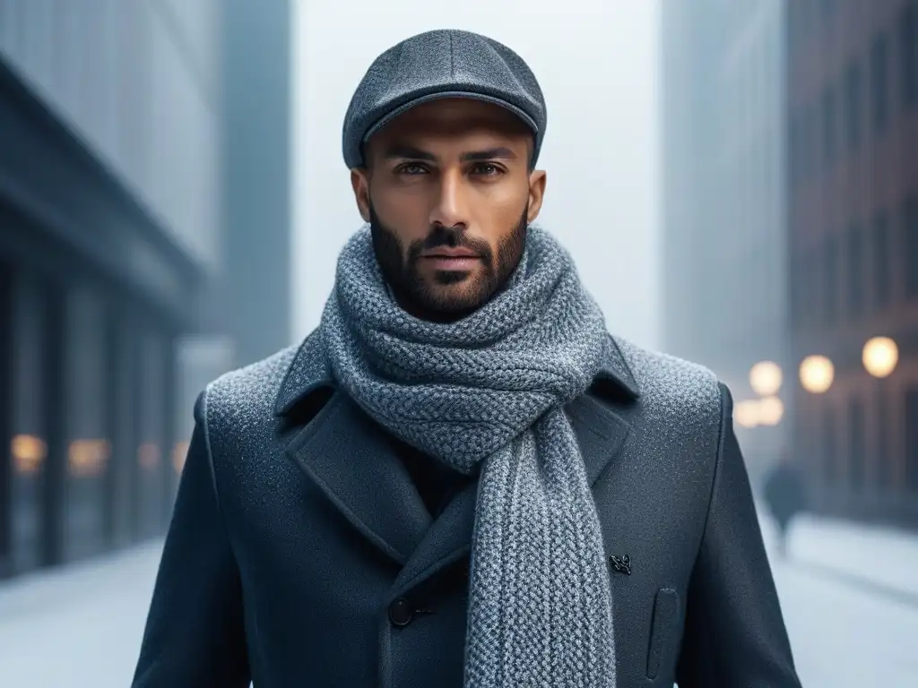 Estilo invernal para altos: elegancia en la nieve urbana Un elegante individuo alto en la nieve con ropa de invierno para altos, rodeado de edificios nevados