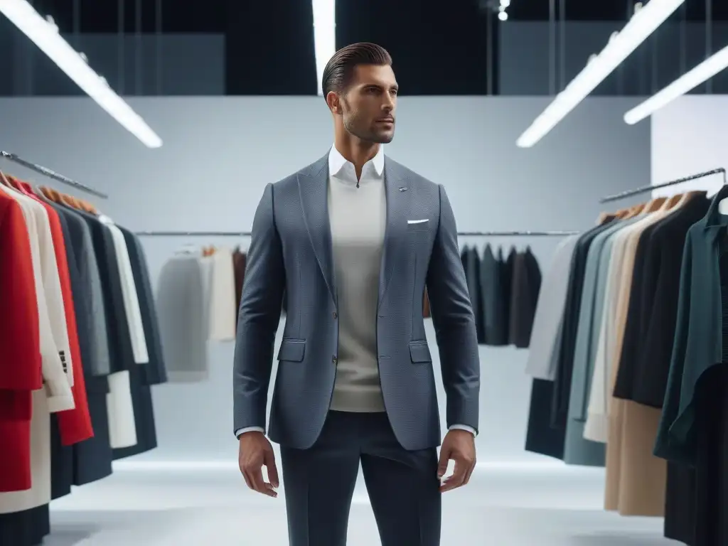 Estilo para altos: Elegancia y confianza en tienda online de moda Un elegante individuo alto en una tienda online de ropa para personas altas, fusionando modernidad y estilo