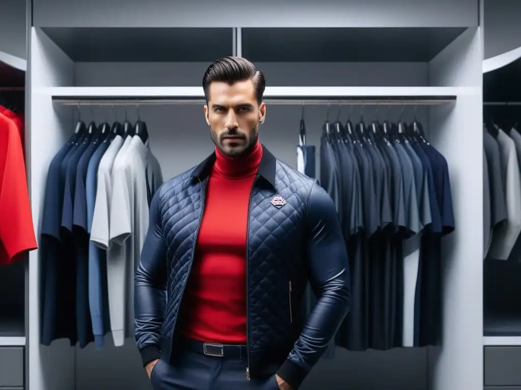 Estilo y versatilidad: armario moderno para personas altas Un elegante individuo frente a un armario moderno con ropa alta calidad para altos, transmitiendo sofisticación y estilo