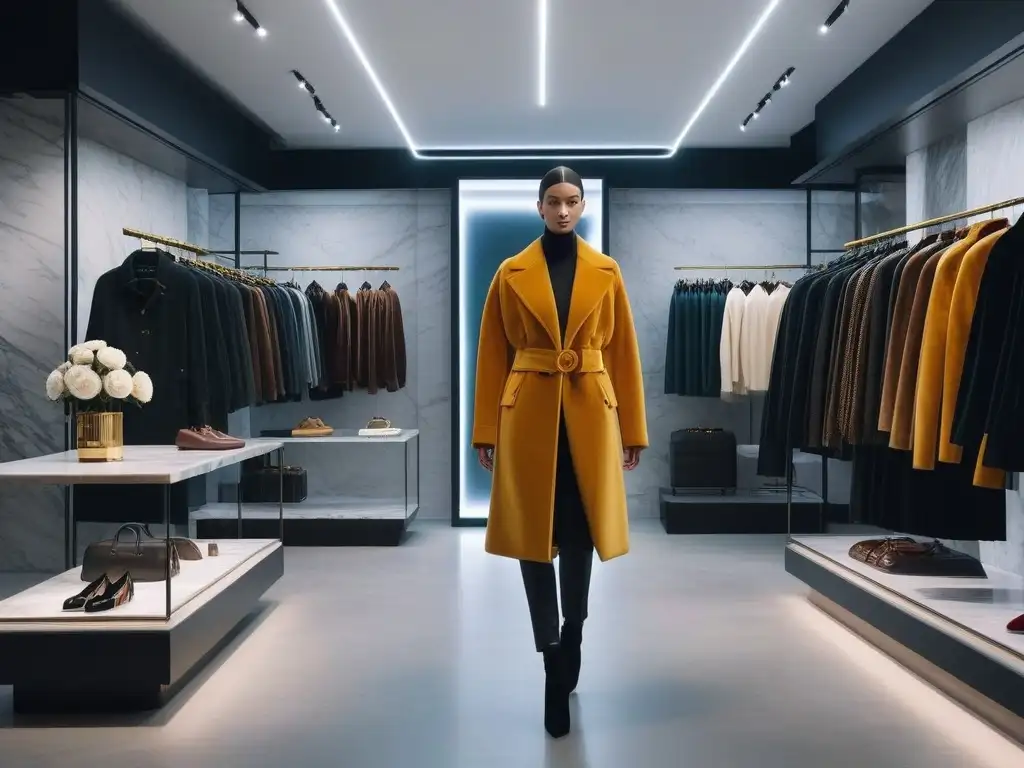 Tienda de moda exclusiva: lujo y minimalismo Un elegante interior de tienda de moda boutique con decoración minimalista y lujosos detalles