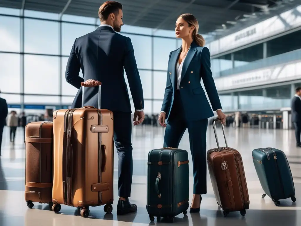 Equipaje de lujo en aeropuerto con viajeros diversos Un elegante juego de equipaje de cuero y metal en un aeropuerto con viajeros diversos