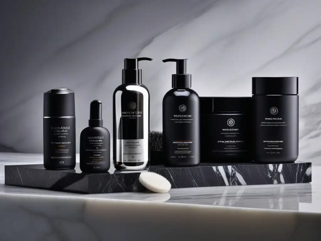 Kit de aseo de lujo para hombres: elegancia y sofisticación Elegante kit de belleza para hombres en mármol negro y plateado con productos de alta gama