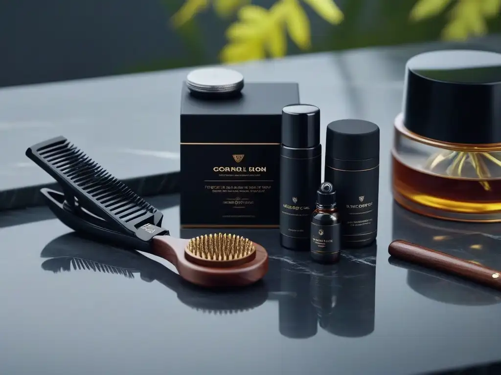 Kit de aseo de lujo en mármol con productos premium para barba Elegante kit de cuidado para barba y piel sobre mármol, destacando detalles y texturas