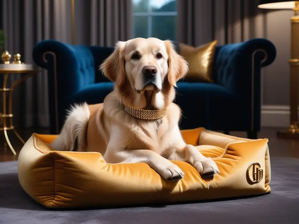 Lujo canino: golden retriever con accesorios de diseño en sala chic Un elegante golden retriever en un lujoso ambiente con accesorios de moda para mascotas