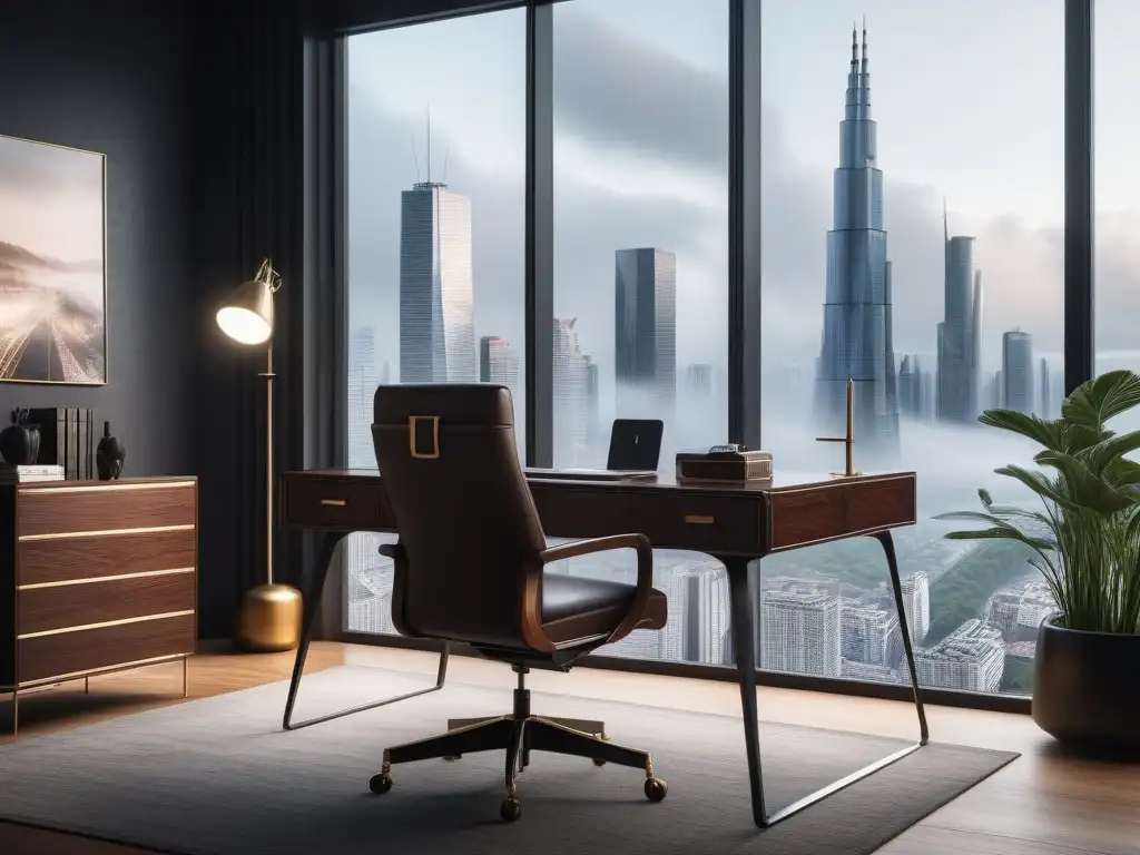 Oficina en casa de lujo: escritorio de diseño y vistas panorámicas Un elegante y lujoso despacho en casa con muebles de diseño para casa de lujo