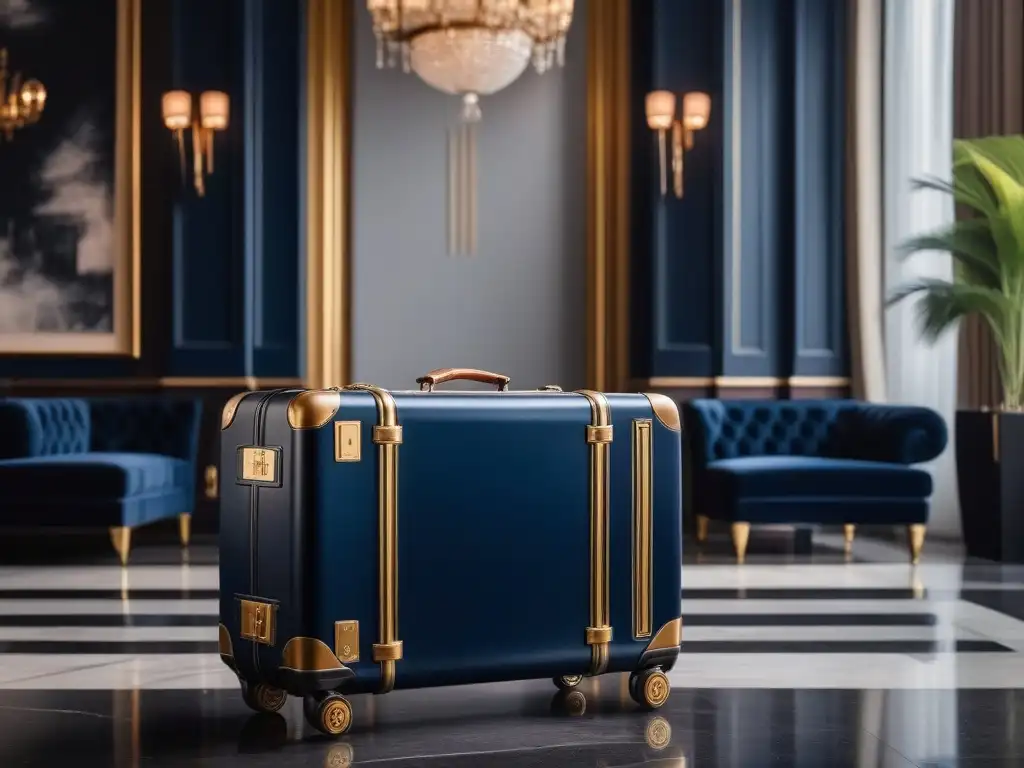 Maleta de lujo en azul marino con monograma en lobby elegante Elegante maleta azul marino con monograma en equipaje de lujo en lujoso lobby de hotel