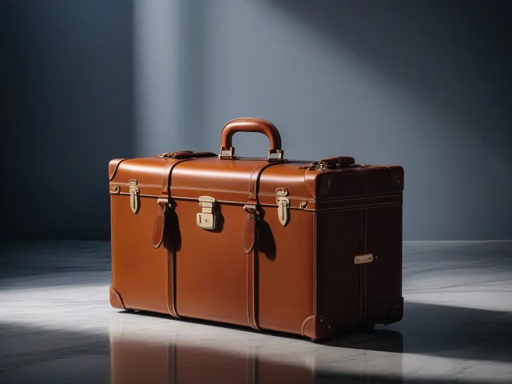 Maleta de lujo en cuero con accesorios premium Una elegante maleta de cuero de lujo sobre un suelo de mármol, rodeada de accesorios de viaje premium
