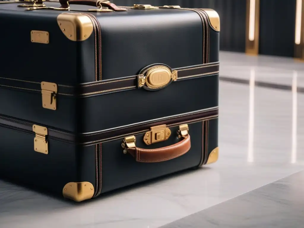Magnífica maleta de cuero negro: lujo y elegancia Elegante maleta de cuero negro con detalles dorados y etiqueta monogramada sobre suave terciopelo, en piso de mármol iluminado naturalmente