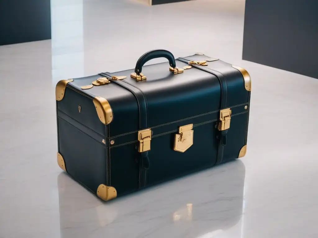 Maleta de cuero negro con iniciales doradas: lujo y sofisticación Elegante maleta de cuero negro con monograma dorado, sobre suelo de mármol bajo luz natural