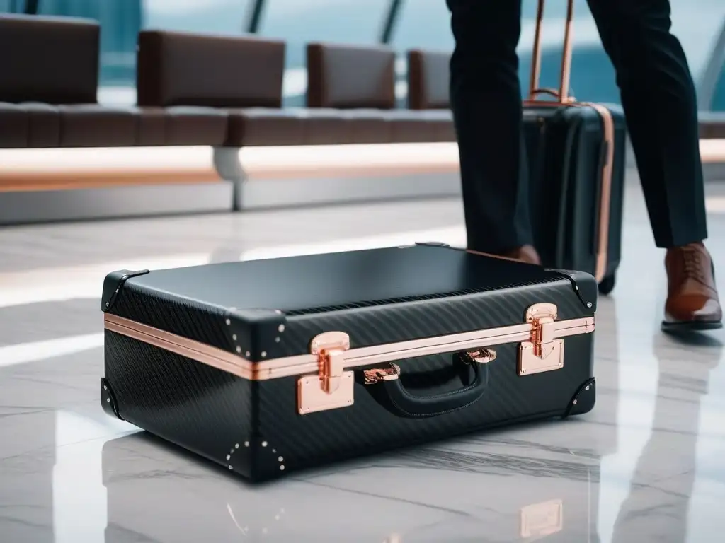 Elegante maleta de fibra de carbono negra con detalles en oro rosa en lounge de aeropuerto Elegante maleta de fibra de carbono negra con detalles en oro rosa en un lujoso salón de aeropuerto minimalista