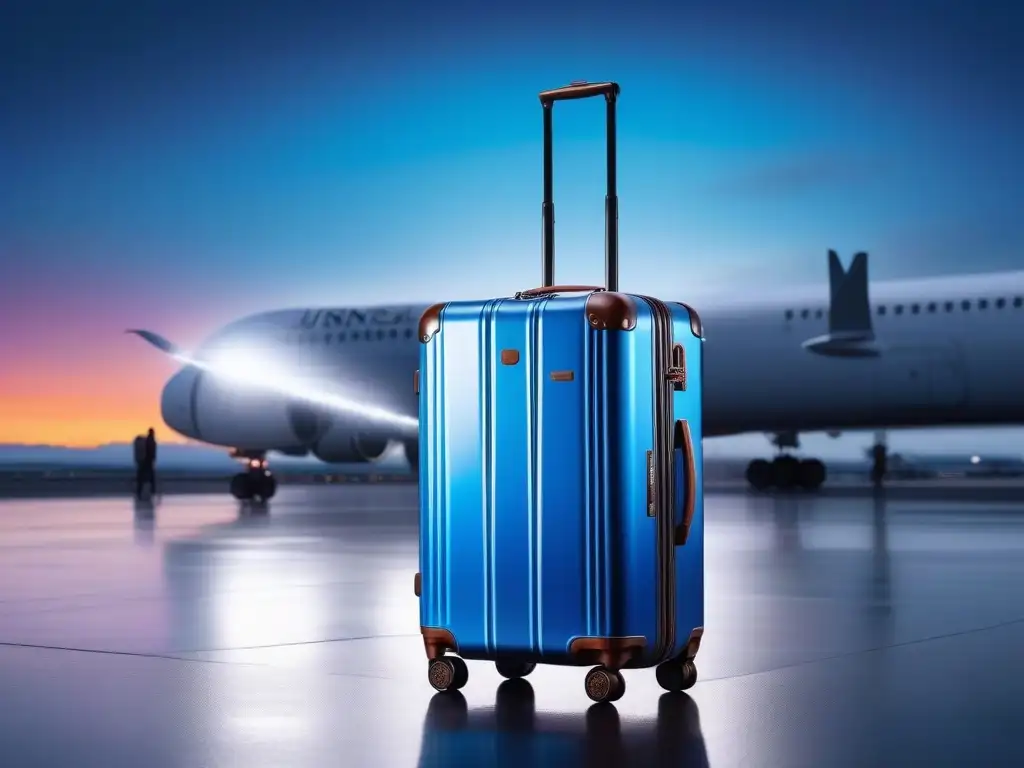 Maleta de lujo futurista con luces LED en aeropuerto Elegante maleta futurista transparente con luces LED cambiantes de azul a morado en aeropuerto
