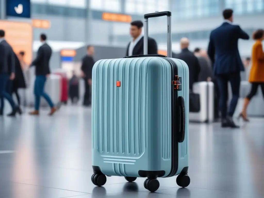 Maleta inteligente con pantalla digital en aeropuerto Un elegante maleta inteligente con pantalla digital y cerradura biométrica en un bullicioso aeropuerto