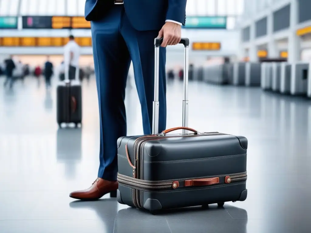 Maleta de lujo ergonómica: estilo y funcionalidad en el aeropuerto Un elegante maleta de lujo con diseño ergonómico en un aeropuerto bullicioso