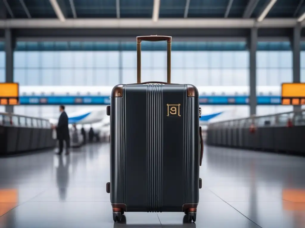 Maleta de lujo personalizada en aeropuerto Elegante maleta de lujo con iniciales personalizadas en terminal de aeropuerto
