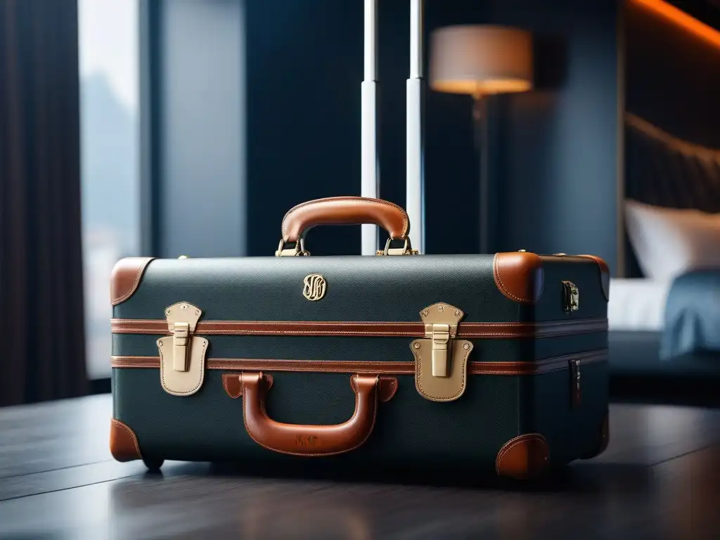 Maleta de lujo con monograma personalizado en entorno sofisticado de viaje Elegante maleta de lujo con monograma personalizado en entorno de viaje sofisticado