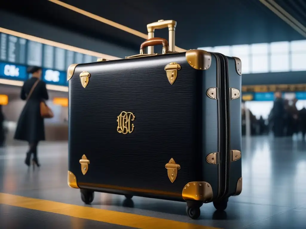 Maleta de lujo negra personalizada con iniciales doradas en aeropuerto Elegante maleta negra de lujo con iniciales doradas personalizadas, reflejando exclusividad en aeropuerto