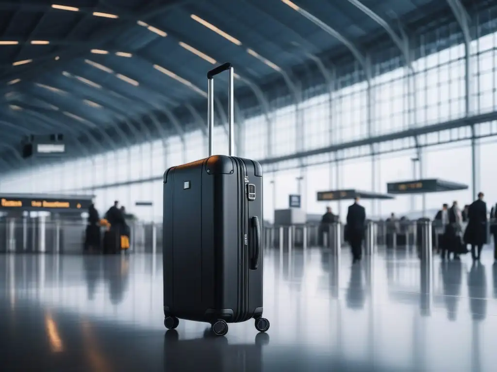 Maleta inteligente de lujo en aeropuerto futurista Un elegante maletín inteligente en un aeropuerto moderno lleno de viajeros elegantes