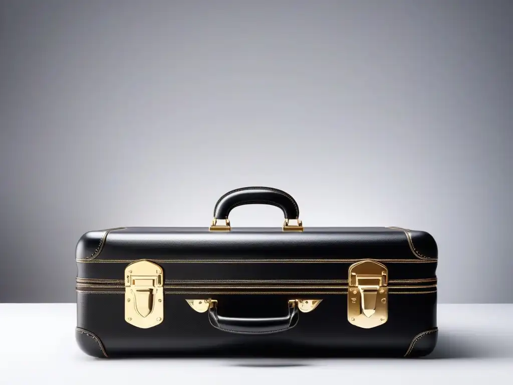 Maleta de lujo negra con monograma dorado exclusivo Un elegante maletín negro de lujo con intrincado monograma dorado, frente a un fondo blanco brillante