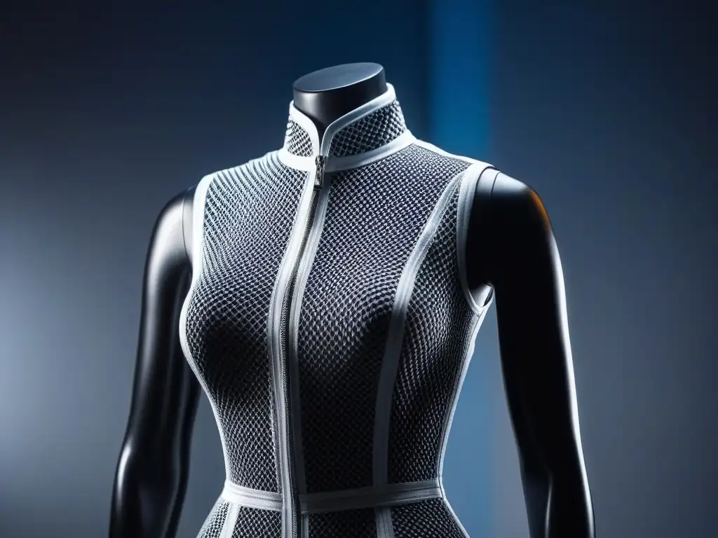 Diseño futurista: maniquí con vestido de tela adaptable de alta tecnología Elegante maniquí con vestido de tejidos adaptativos realzan figura, diseño futurista y silueta moderna