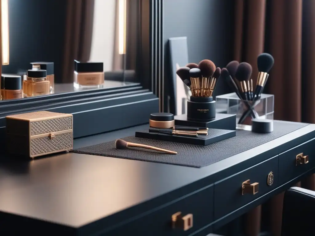 Vanity table de lujo con herramientas de belleza premium Una elegante mesa de tocador con herramientas de belleza de alta gama, iluminación suave y ambiente refinado