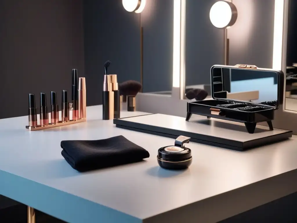Luxuosos rizadores de pestañas: arte y elegancia Una elegante mesa de tocador con herramientas de belleza alta gama brillando bajo suave iluminación ambiental