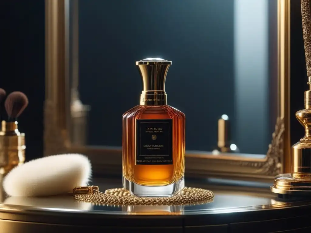 Vanity table de lujo con productos de belleza exclusivos Una elegante mesa de tocador con productos de belleza de alta gama, iluminación etérea y detalles opulentos