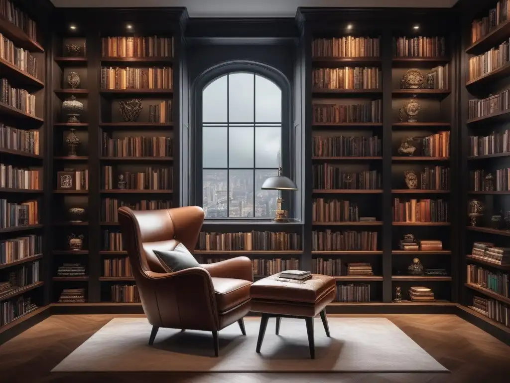 Librería de lujo: elegancia y sofisticación en tu hogar Un elegante mobiliario de diseño para biblioteca con estanterías de madera oscura y luces LED integradas, libros y objetos decorativos