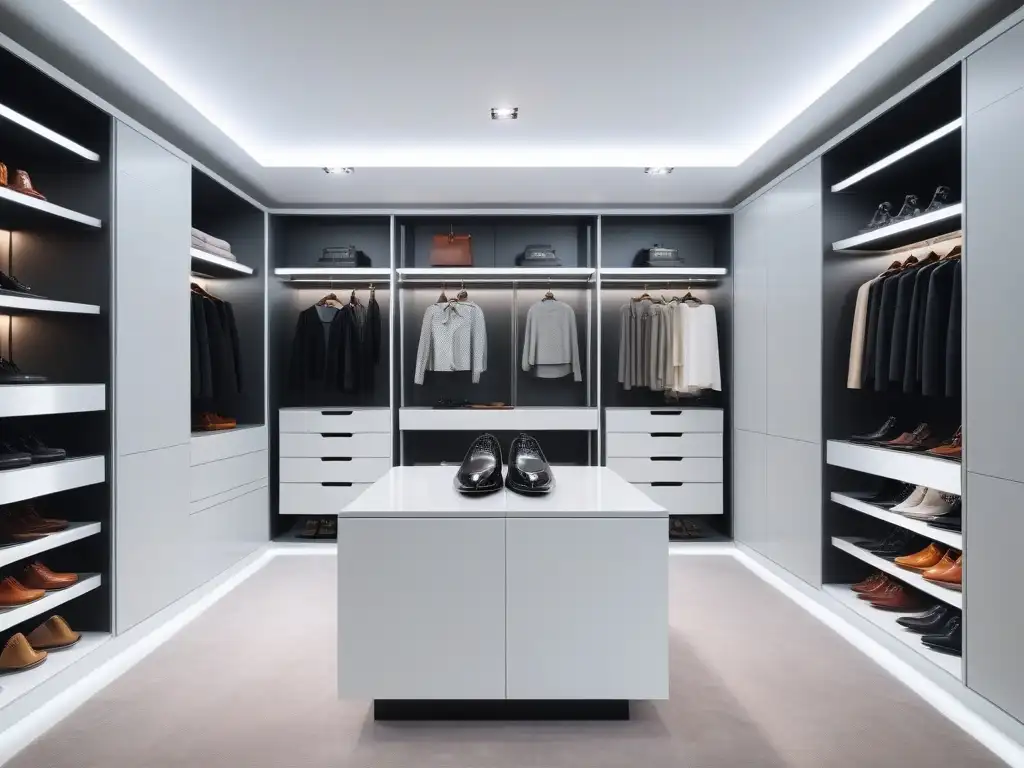 Armario de lujo con diseño moderno y elegante Elegante walk-in closet con mobiliario personalizado y colección de moda, destacado por iluminación LED suave