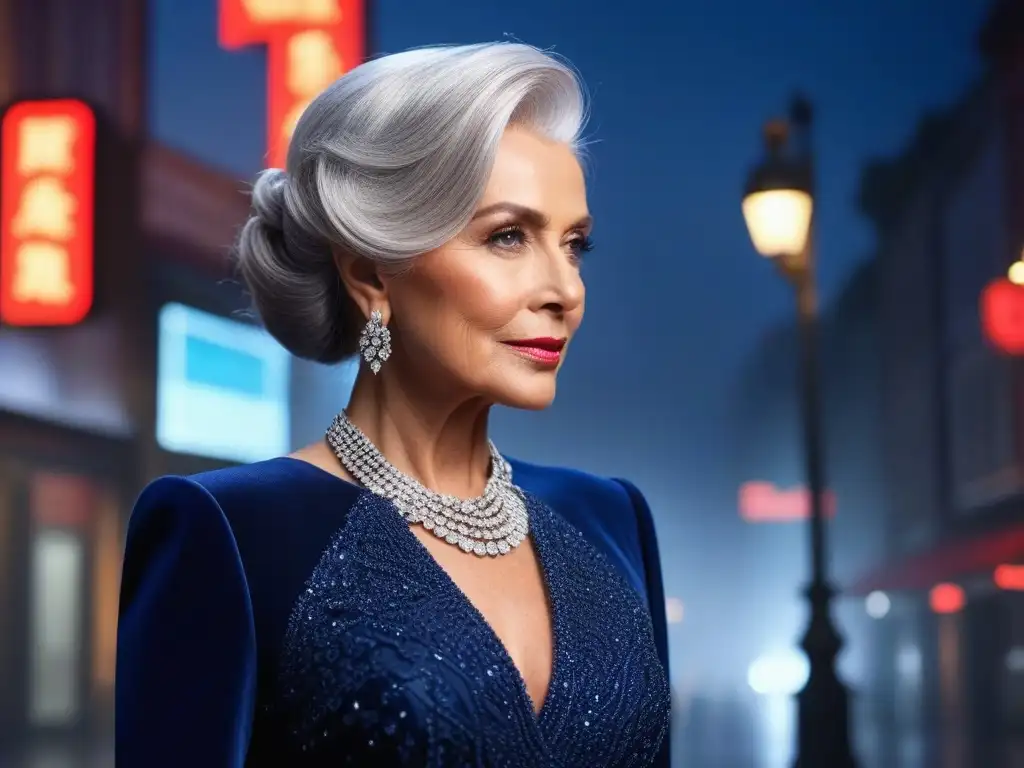 Elegante mujer mayor en vestido de noche azul marino con joyas brillantes Elegante moda senior para eventos especiales: Mujer mayor con cabello plateado en un elegante vestido azul marino, joyas de diamantes, en una noche deslumbrante de la ciudad
