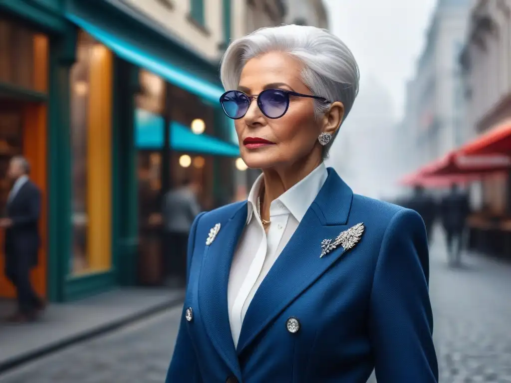 Elegante mujer mayor pasea con estilo en la ciudad Elegante moda senior para renovar look: mujer mayor con traje chic paseando por la ciudad