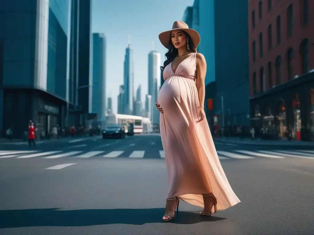Elegante moda premamá en la ciudad Elegante moda maternal para embarazo, mujer embarazada con estilo en la ciudad
