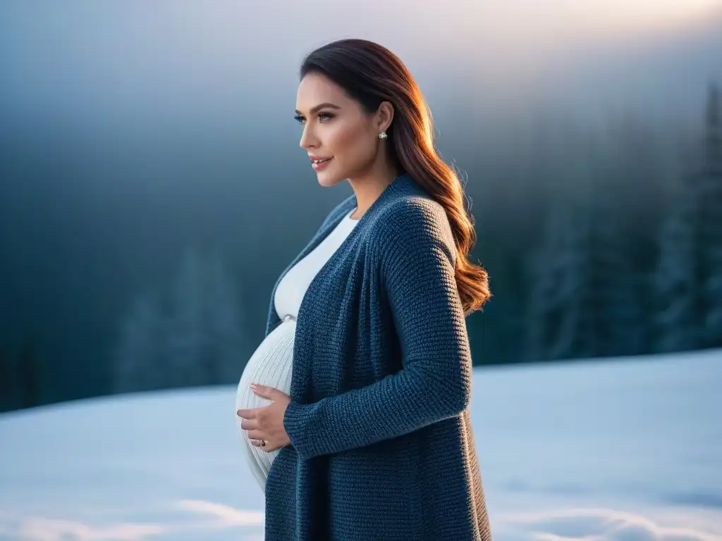 Estilo invernal: moda premamá elegante en la nieve Elegante moda maternal invierno estilo en paisaje nevado