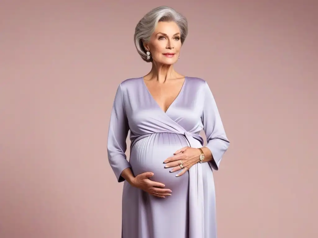 Moda maternal elegante para mujeres maduras: ¡Estilo y confianza a los 60! Elegante moda maternal para mujeres mayores: una mujer mayor segura y elegante en un atuendo de maternidad chic