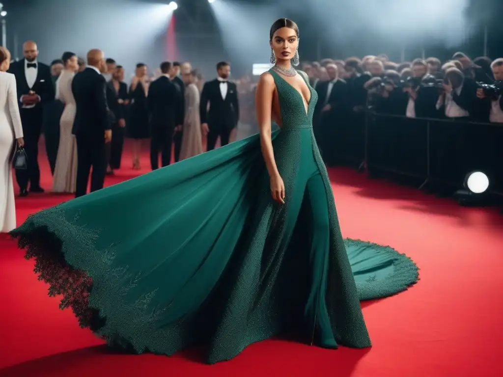 Celebrities en moda sostenible: elegancia eco en la alfombra roja Elegante moda sostenible en alfombra roja con celebridades luciendo diseños únicos y lujosos