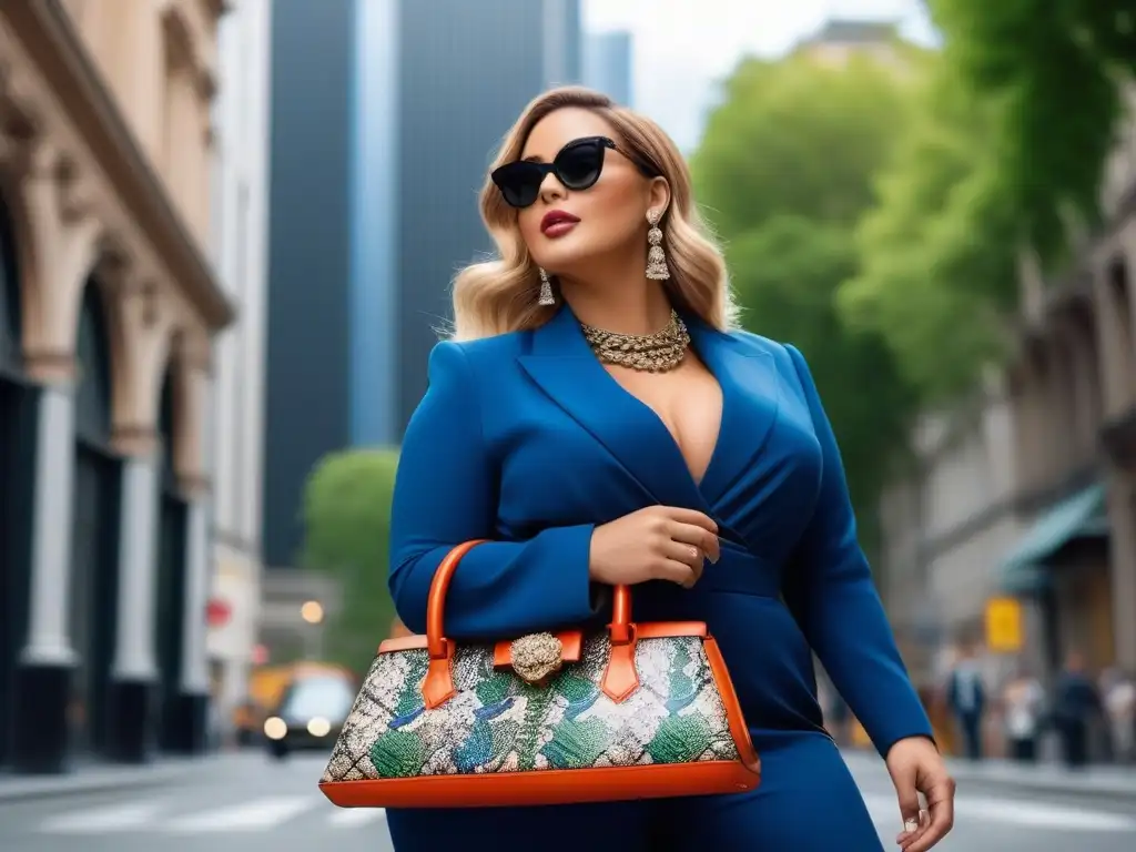 Moda plus size: influencer luciendo accesorios únicos en la ciudad Elegante influencer de moda tallas grandes con accesorios personalizados paseando por la ciudad