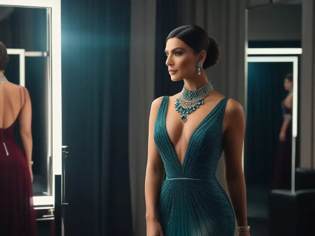 Transgénero empoderado en vestido de noche en lujoso vestidor Elegante moda transgénero para todas ocasiones, reflejada en un glamuroso vestido de noche frente a un espejo iluminado