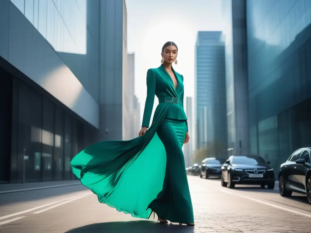 Moda para altas: Elegancia urbana en azul real Un elegante modelo desfilando con confianza en la ciudad, vistiendo colores favorecen moda tall, resaltando su altura con estilo y empoderamiento