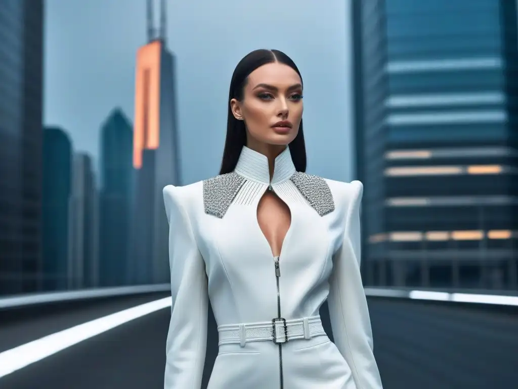 Moda futurista para personas altas: elegancia y modernidad en la pasarela Elegante modelo desfila en pasarela futurista