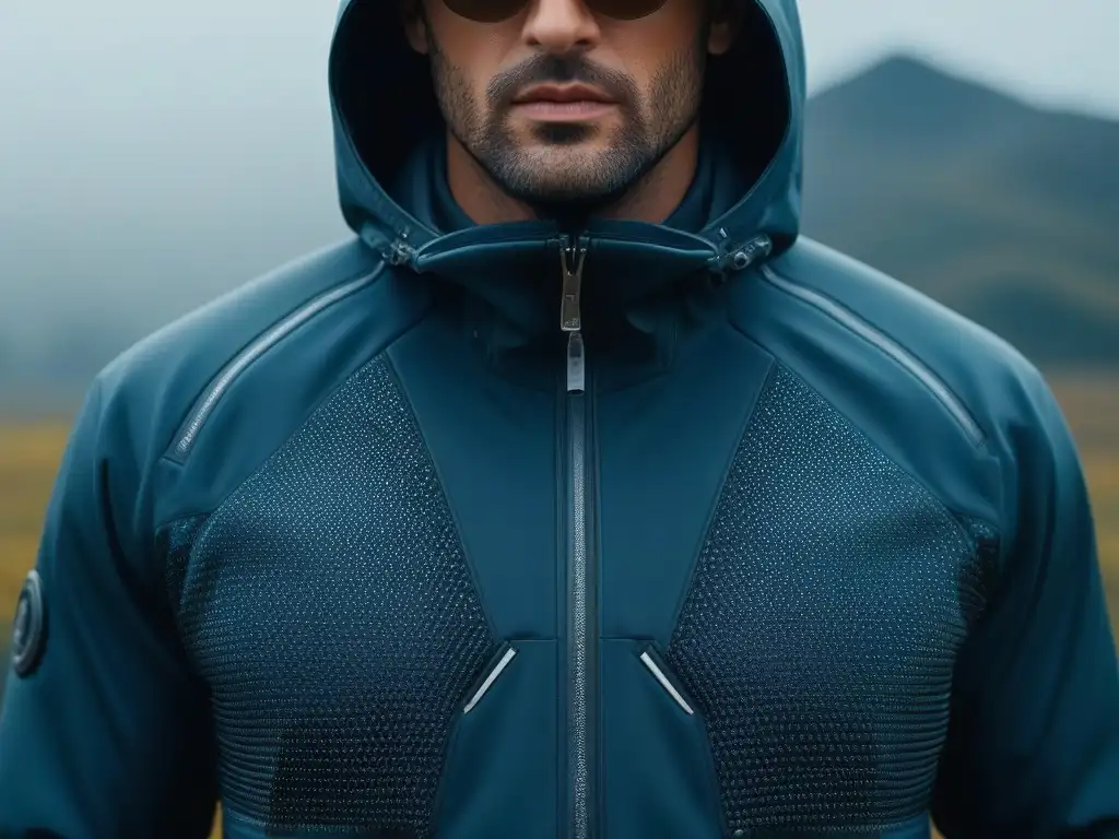Chaqueta futurista de tela adaptable: innovadora y resistente Un elegante modelo profesional luce una chaqueta futurista de tejidos adaptativos duraderos, destacando su innovación y funcionalidad