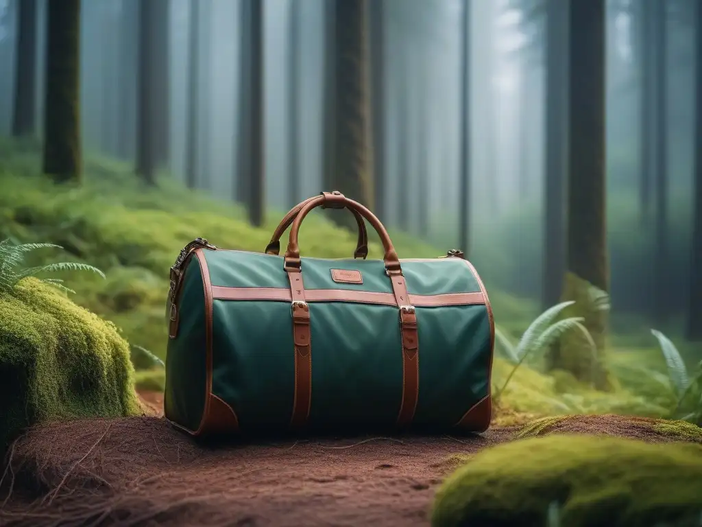 Bolso de viaje sostenible: lujo en la naturaleza Una elegante y moderna bolsa de viaje hecha de materiales sostenibles, con diseño sofisticado y tonos terrosos, en un bosque exuberante