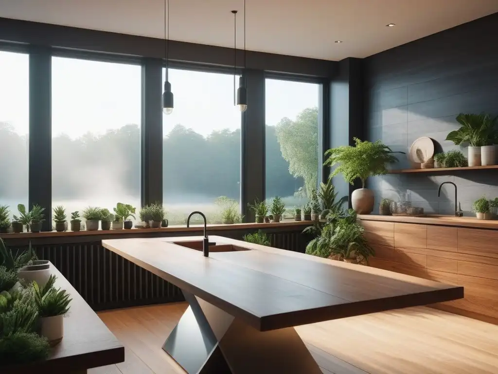 Modernidad sostenible: Lavandería eco con estilo y plantas verdes Elegante lavandería moderna con electrodomésticos eco, plantas verdes y ropa limpia