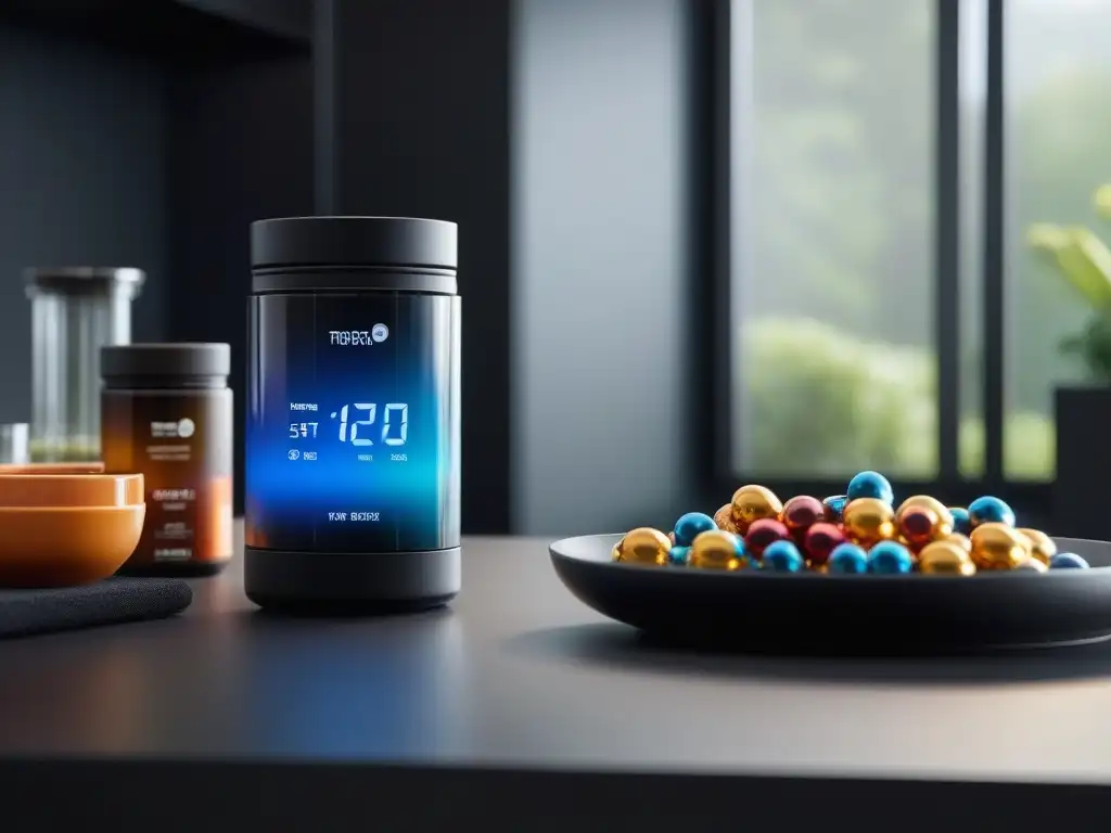 Suplementos Premium en Cocina Futurista para Ayuno Intermitente Un elegante mostrador de cocina con suplementos premium organizados junto a un temporizador digital