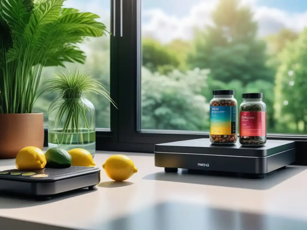 Suplementos para ayuno intermitente en cocina moderna Un elegante mostrador de cocina con suplementos para ayuno intermitente