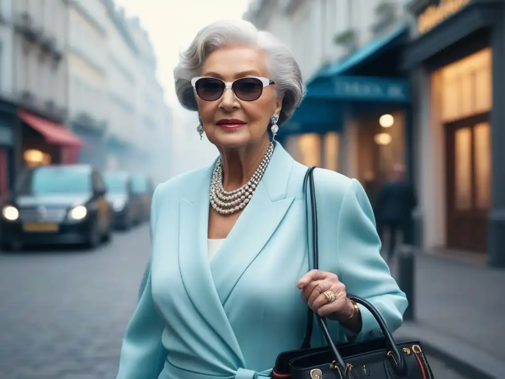 Estilo y elegancia: mujer mayor con movilidad reducida en la ciudad Dama senior elegante con movilidad reducida, estilo chic y cane de moda, en la ciudad
