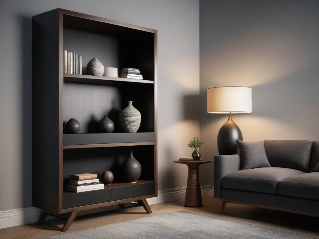 Elegante librería de madera oscura con libros de diseño Un elegante mueble de diseño para casa de lujo con libros y decoración refinada en una atmósfera opulenta y cálida